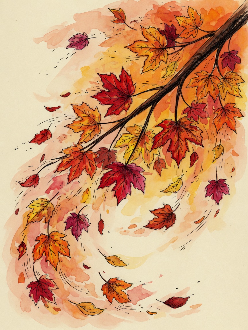 Branch releasing falling autumn leaves