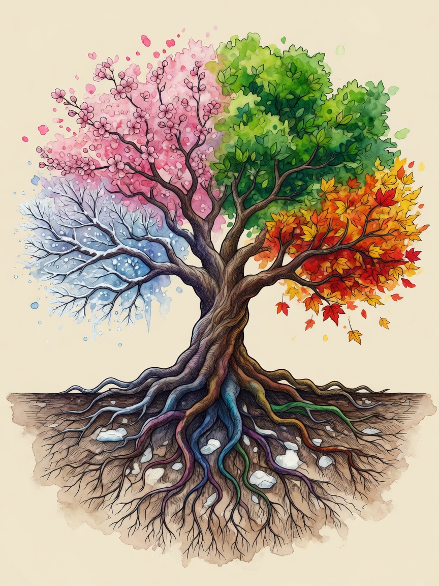 Botanical illustration of a tree whose roots mirror its rising branches