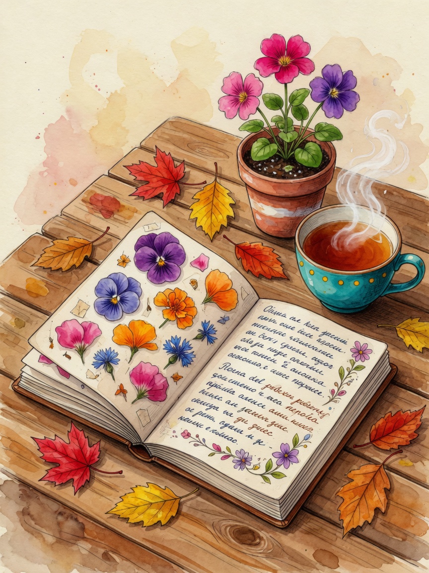 Open journal beside a potted plant and a cup of tea