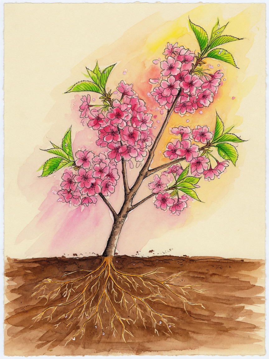 Seedling sprouting from soil, roots visible below ground